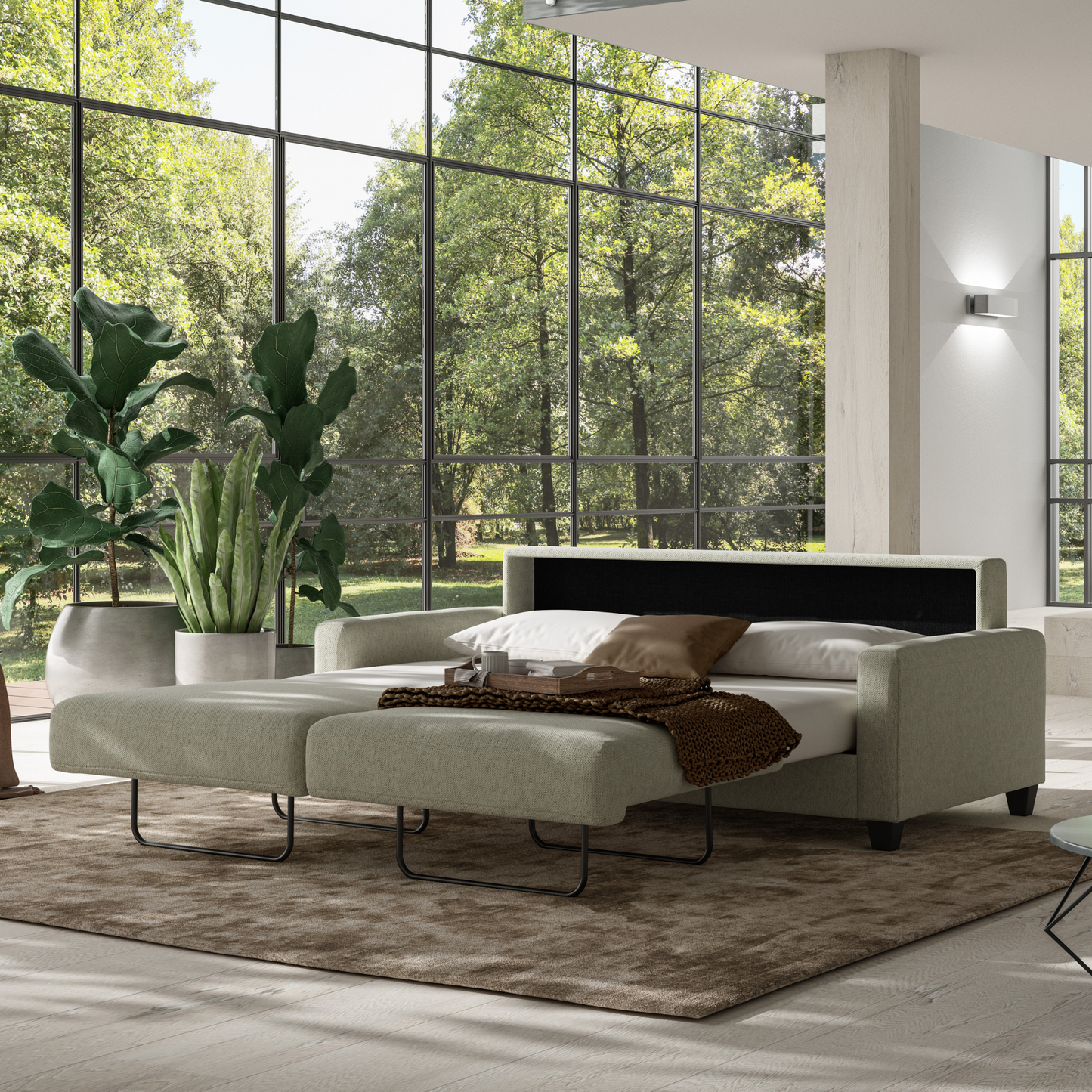 Luonto Nico Queen Sleeper Sofa Quick Ship Program Loule 616 Fabric (beige) with Wood Leg in a Room with Open Sleeper Bed