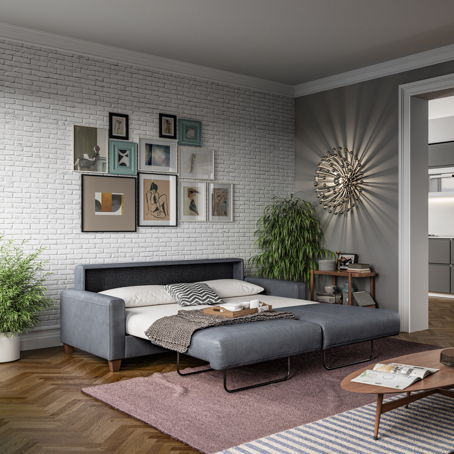 Luonto Nico Queen Sleeper Sofa Quick Ship Program Soft Antique Leather 4340 (Grey) with Wood Leg and Open Sleeper Bed