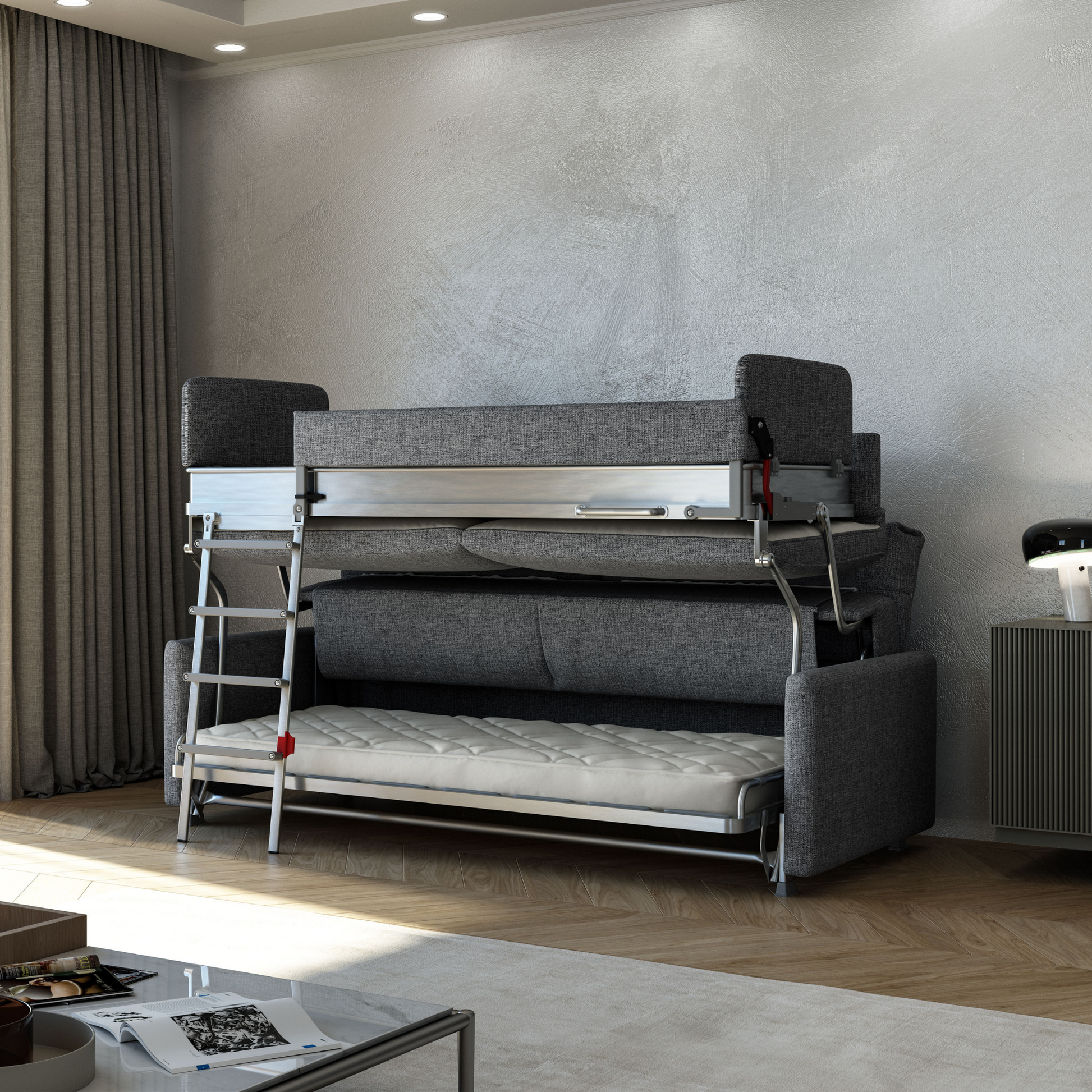 Luonto Elevate Bunk Bed Sleeper Sofa Quick Ship Program Fun 482 (Grey Brown) Open Bunk Bed Sleeper Sofa Room View