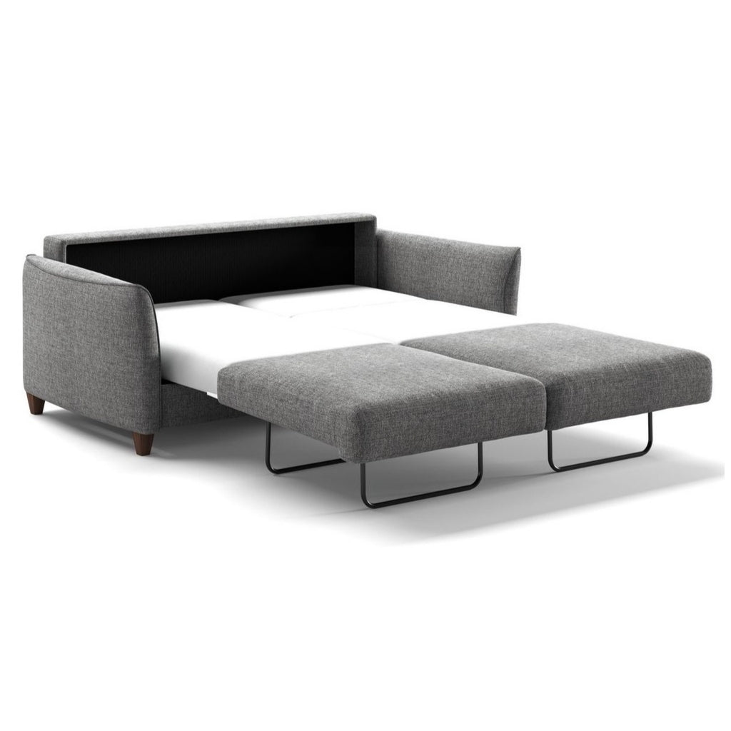 Luonto Aura Queen Sofabed in Fabric Atlantic 07 and Wood Feet With Nest mechanism in Side Open View