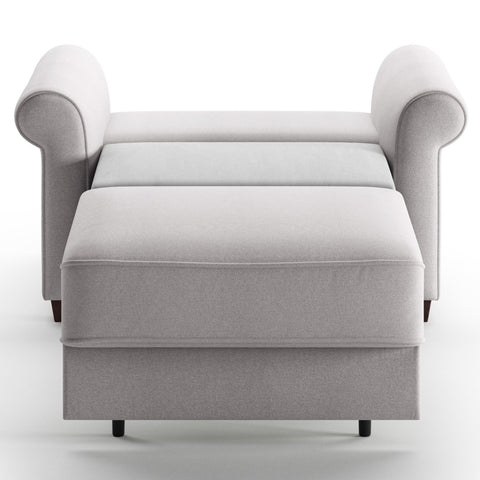 Luonto Casey Cot Sofa Bed in Fabric Rene 01 with Wood Foot and Hybrid Mechanism Front Open View