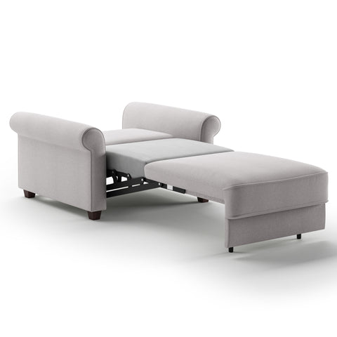 Luonto Casey Cot Sofa Bed in Fabric Rene 01 with Wood Foot and Hybrid Mechanism Side Open View