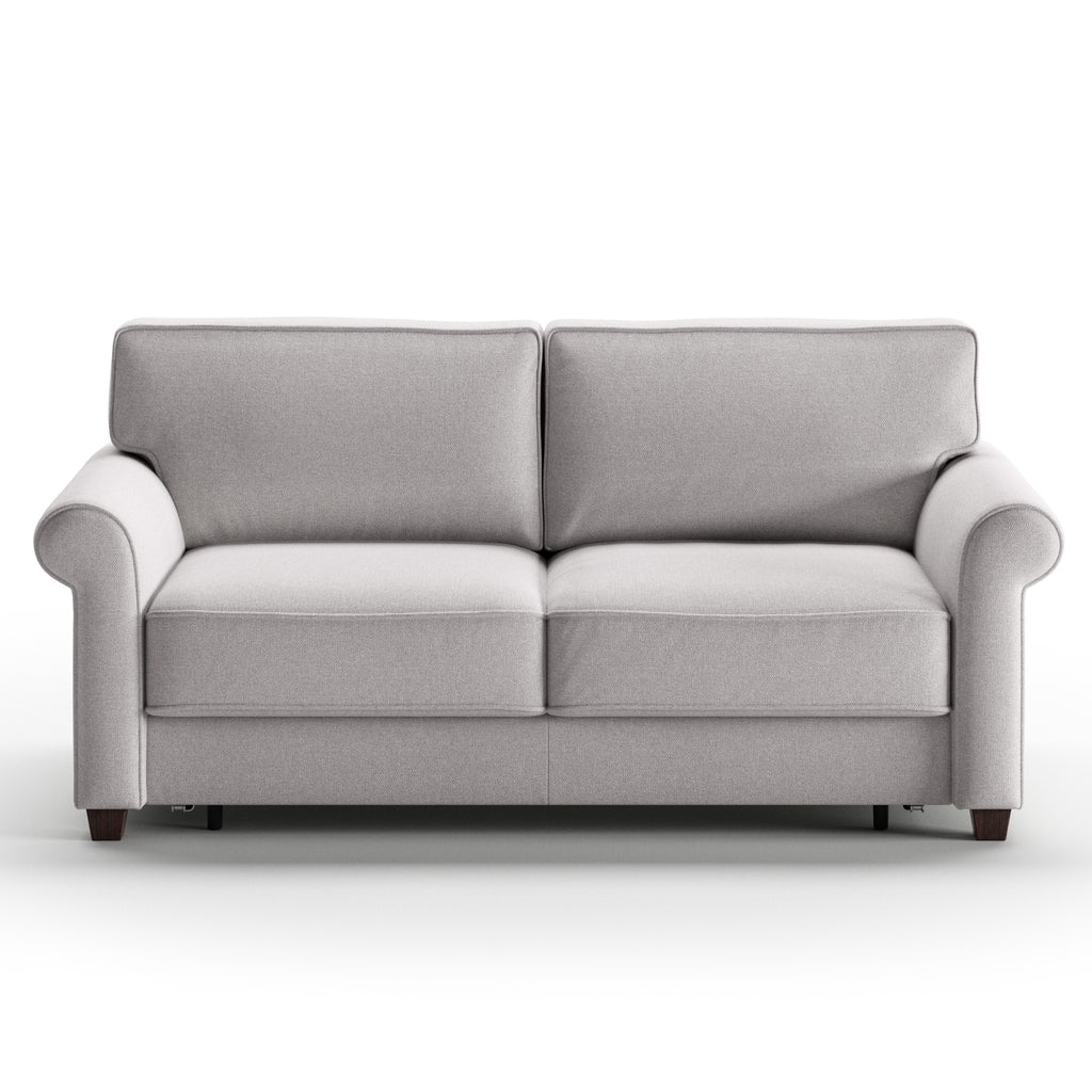  Luonto Casey Full XL Sofa Bed in Fabric Rene 01 with Wood Foot and Hybrid Mechanism Front Closed View