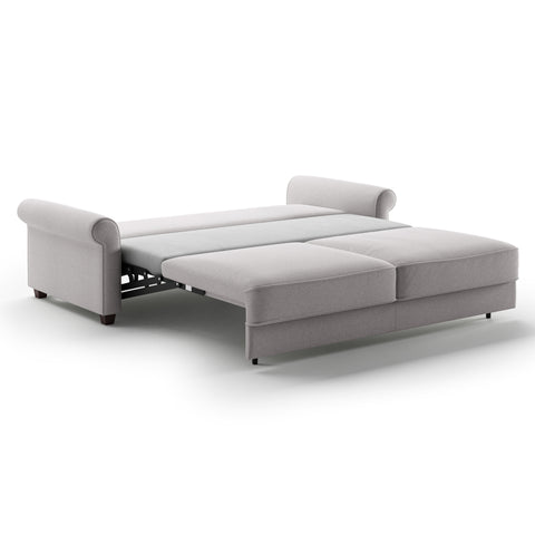 Luonto Casey King Sofa Bed in Fabric Rene 01 with Wood Foot and Hybrid Mechanism Side Open View