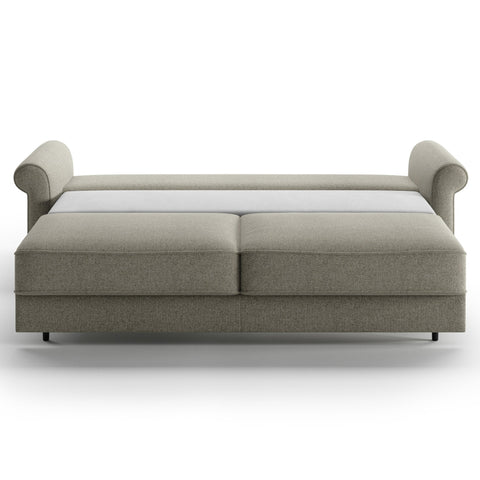 Luonto Casey King Sofa Bed in Fabric Rene 01 with Wood Foot and Hybrid Mechanism Front Open View