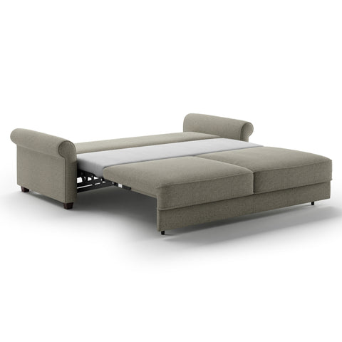 Luonto Casey King Sofa Bed in Fabric Rene 03 with Wood Foot and Hybrid Mechanism Side Open View