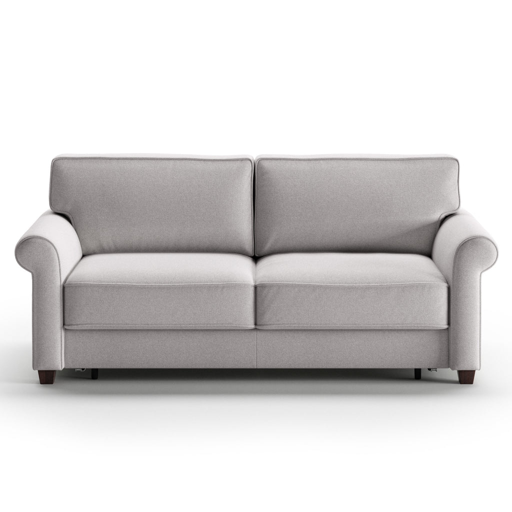 Luonto Casey Queen Sofa Bed in Fabric Rene 01 with Wood Foot and Hybrid Mechanism Front Closed View