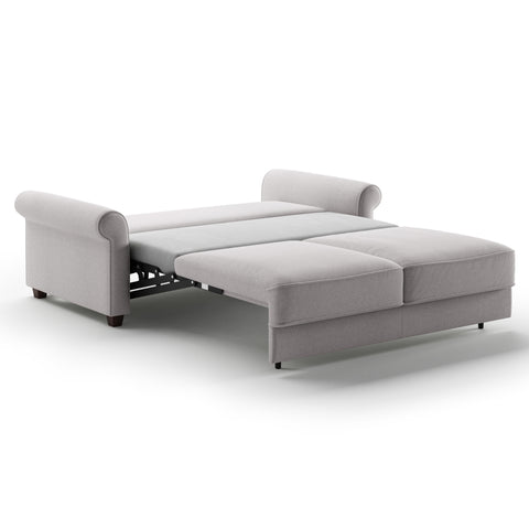 Luonto Casey Queen Sofa Bed in Fabric Rene 01 with Wood Foot and Hybrid Mechanism Side Open View