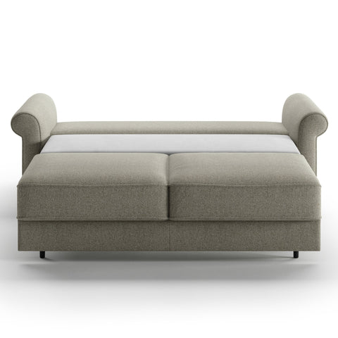 Luonto Casey Queen Sofa Bed in Fabric Rene 03 with Wood Foot and Hybrid Mechanism Front Open View