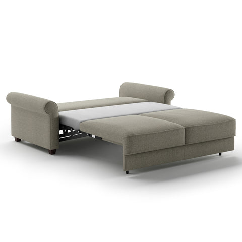 Luonto Casey Queen Sofa Bed in Fabric Rene 03 with Wood Foot and Hybrid Mechanism Side Open View