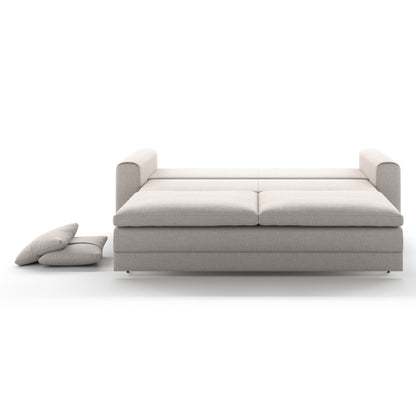 Luonto Cove King Sofa Bed in Fabric Oasis 01 with Walnut Wooden Feet and Hybrid Deluxe Mechanism Front Open View