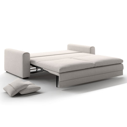 Luonto Cove King Sofa Bed in Fabric Oasis 01 with Walnut Wooden Feet and Hybrid Deluxe Mechanism Side Open View