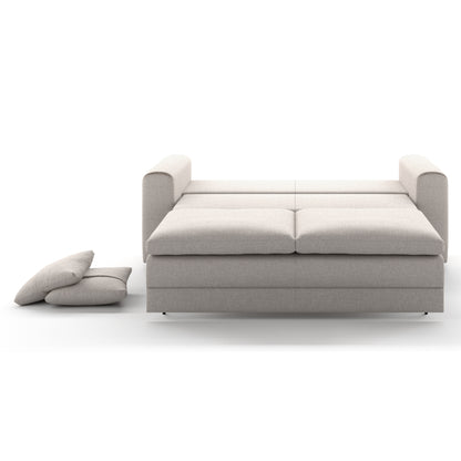 Luonto Cove Queen Sofa Bed in Fabric Oasis 01 with Walnut Wooden Feet and Hybrid Deluxe Mechanism Front Open View