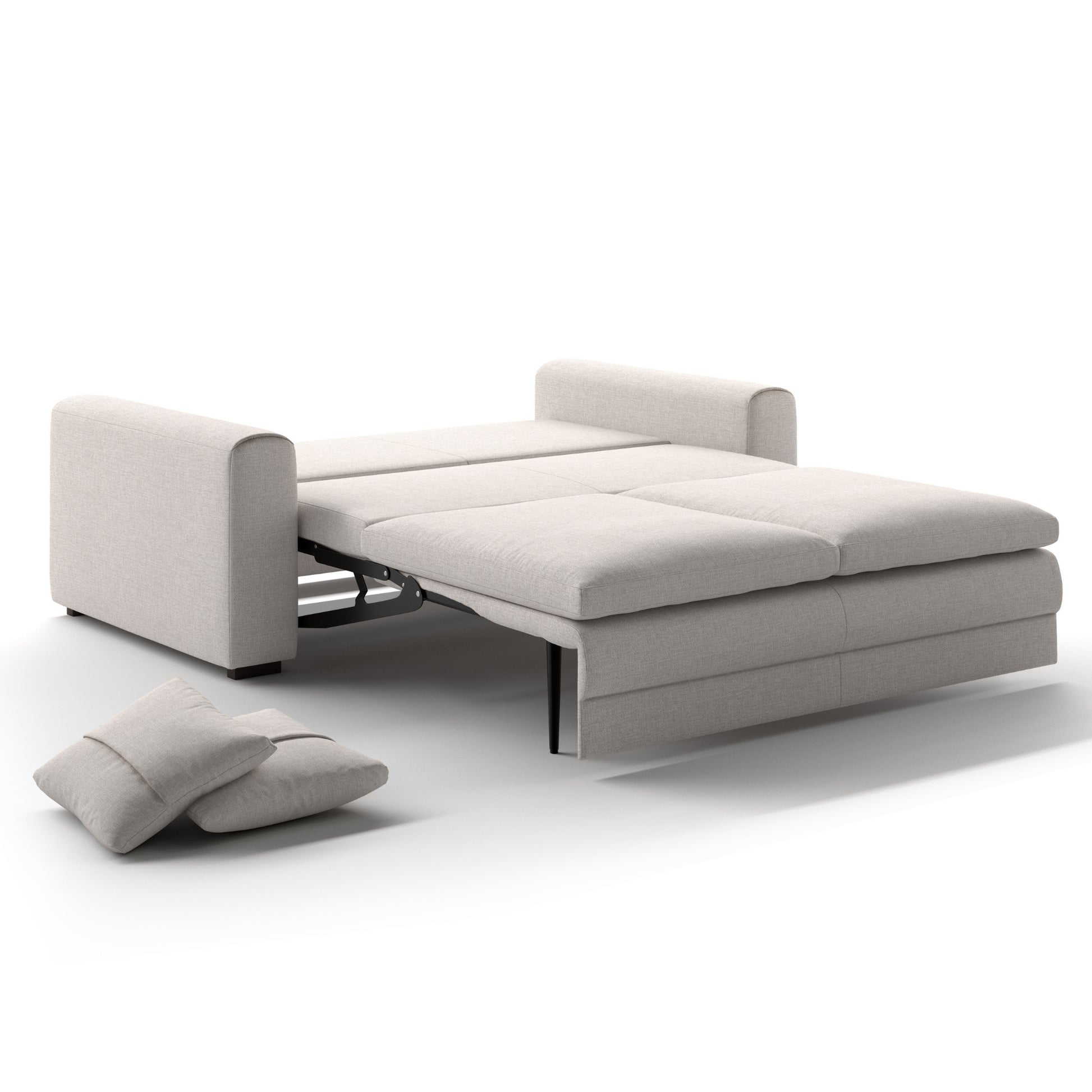 Luonto Cove Queen Sofa Bed in Fabric Oasis 01 with Walnut Wooden Feet and Hybrid Deluxe Mechanism Side Open View