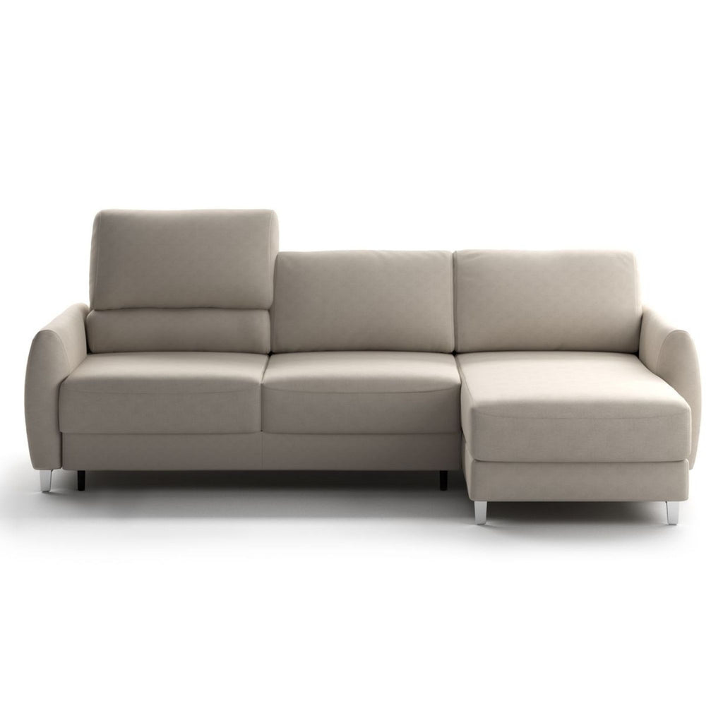 Luonto Delta Chaise Sofa Bed in Fabric Cloud 02 with Chrome Feet and a Flip Function Mechanism Right Side Chaise Front View Closed