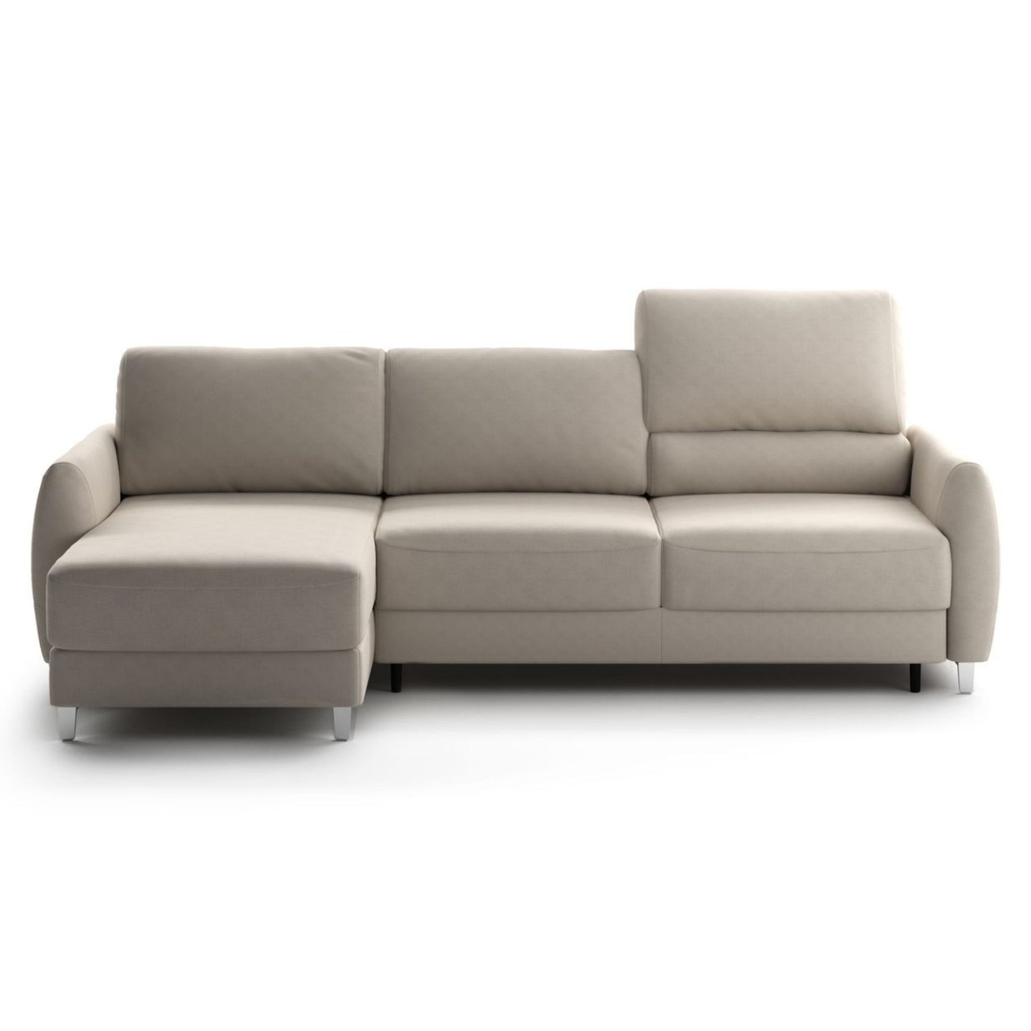 Luonto Delta Chaise Sofa Bed in Fabric Cloud 02 with Chrome Metal Feet and a Flip Function Mechanism Left Side Chaise Front View