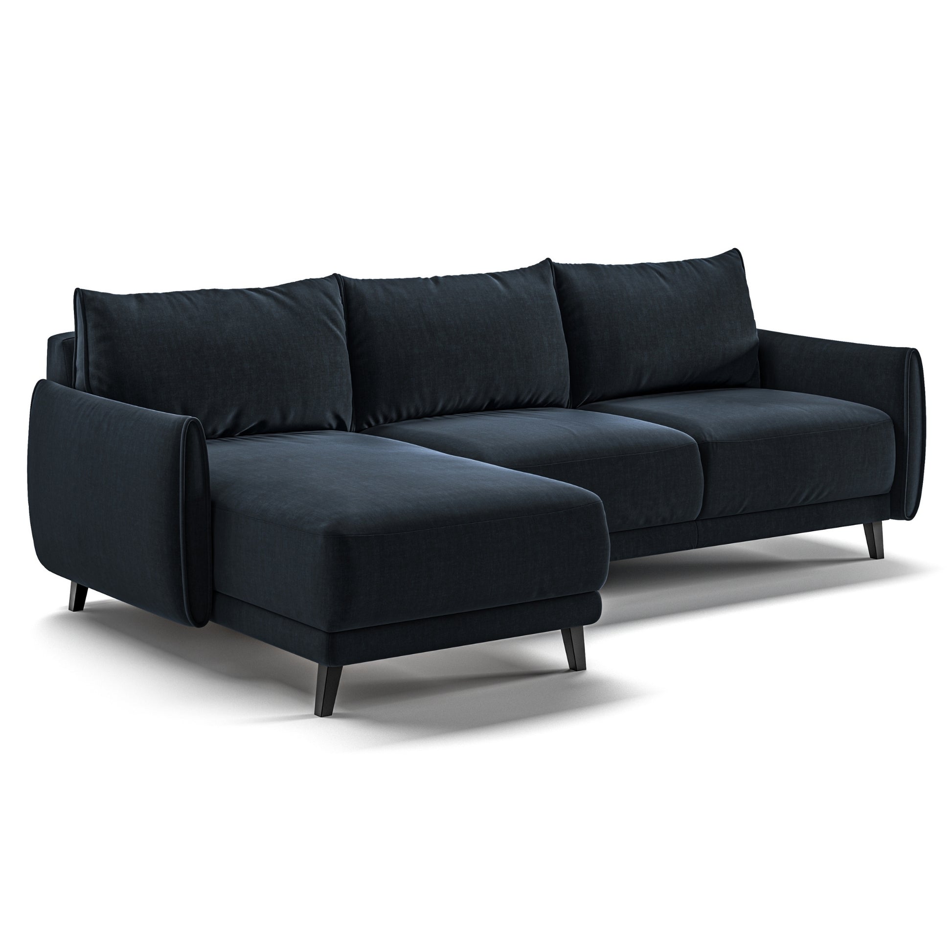 Luonto Dolphin Full XL Loveseat Sleeper with Left Side Chaise Sofabed in Fabric Glamour 13 with Black Wood Feet and Easy Deluxe Mechanism