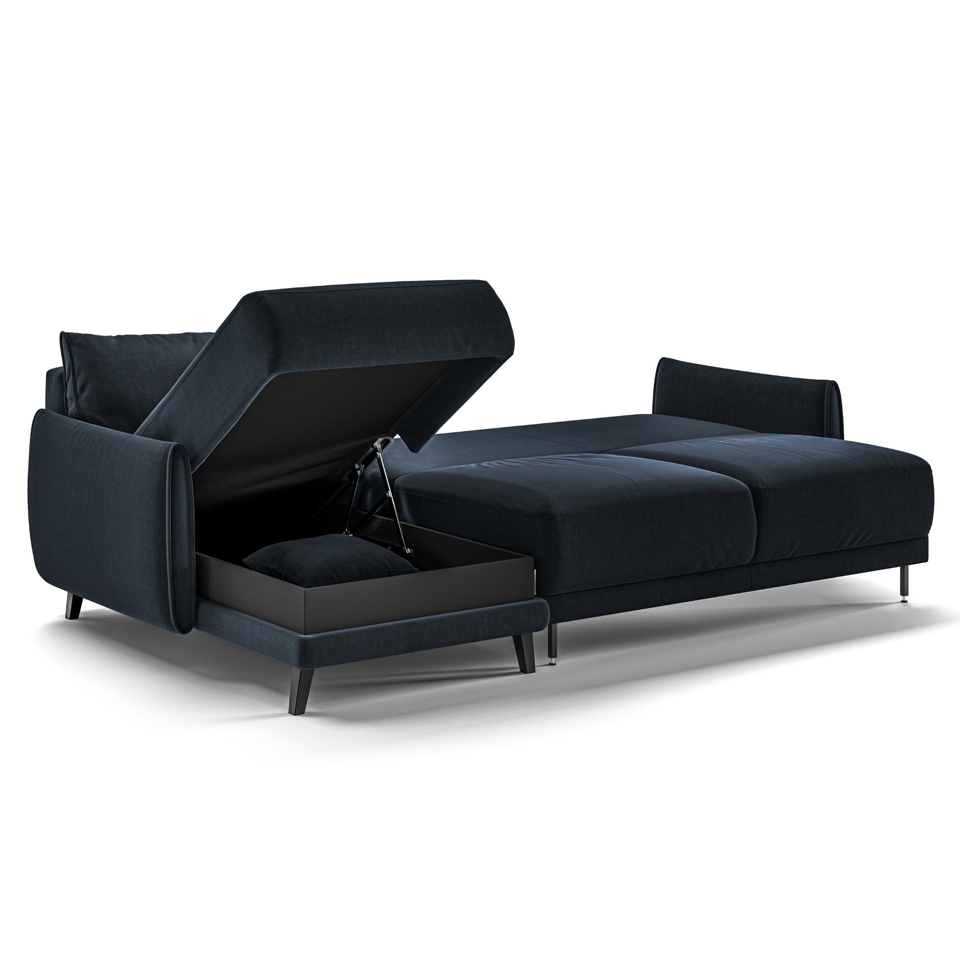 Luonto Dolphin Full XL Loveseat Sleeper with Left Side Chaise Sofabed in Fabric Glamour 13 with Black Wood Feet and Easy Deluxe Mechanism