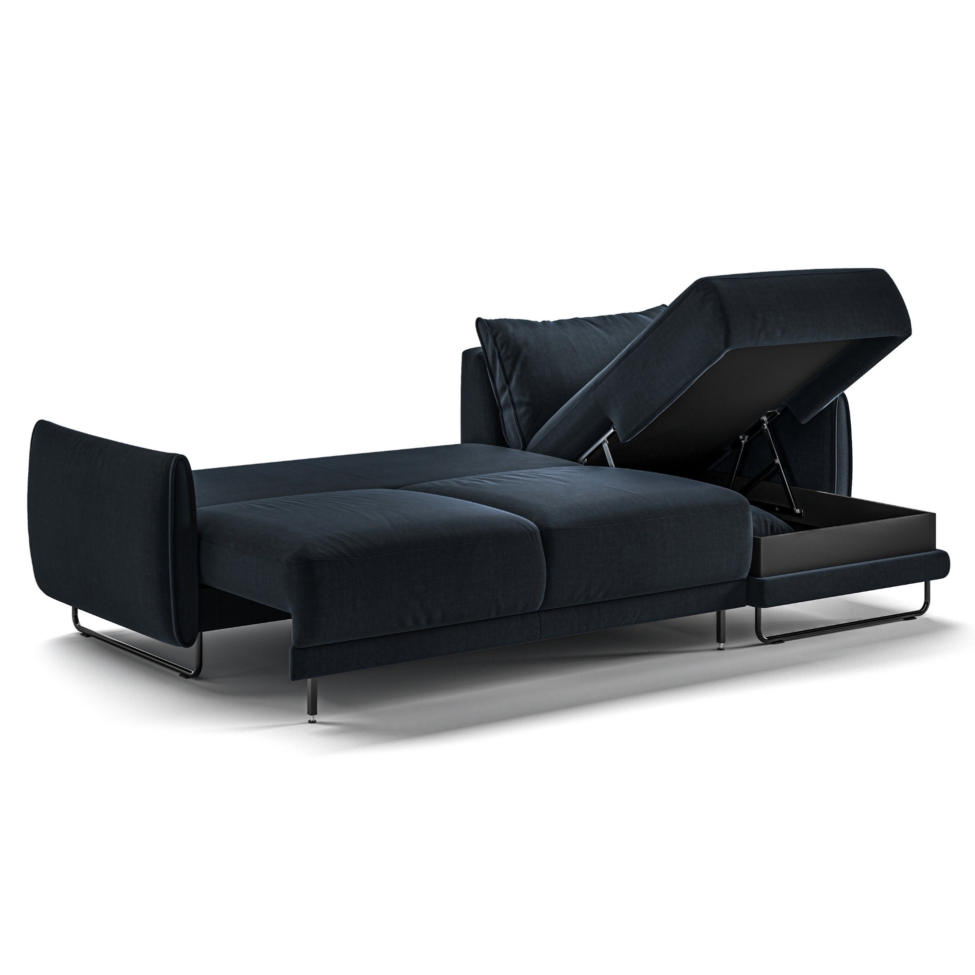 Luonto Dolphin Full XL Loveseat Sleeper with Right Side Chaise Sofabed in Fabric Glamour 13 with Black Metal Feet and Easy Deluxe Mechanism