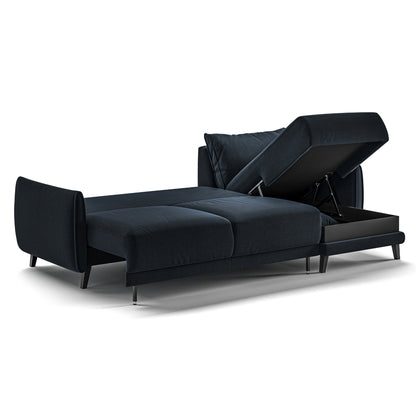 Luonto Dolphin Full XL Loveseat Sleeper with Right Side Chaise Sofabed in Fabric Glamour 13 with Black Wood Feet and Easy Deluxe Mechanism