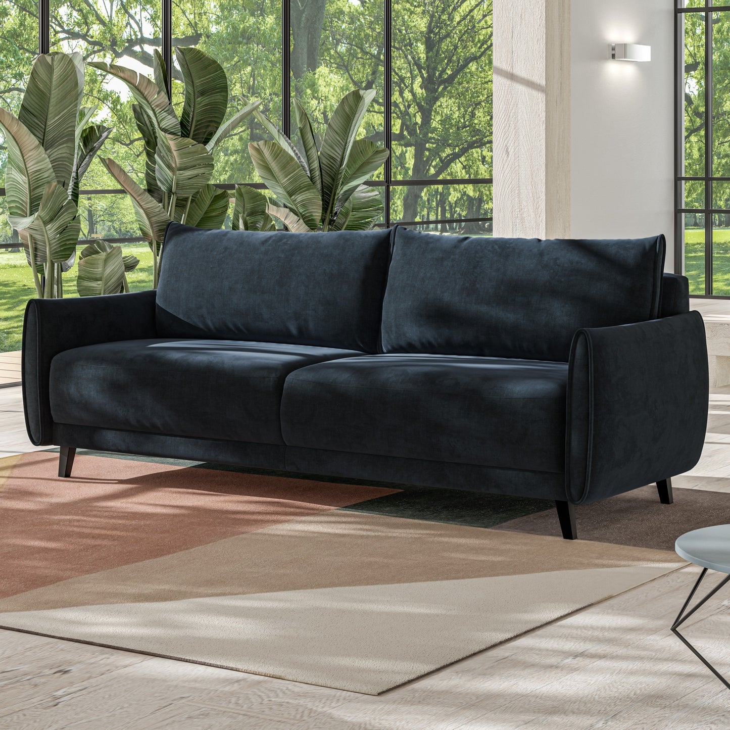 Luonto Dolphin Full XL Loveseat Sleeper Sofabed in Fabric Glamour 13 with Black Wood Feet and Easy Deluxe Mechanism