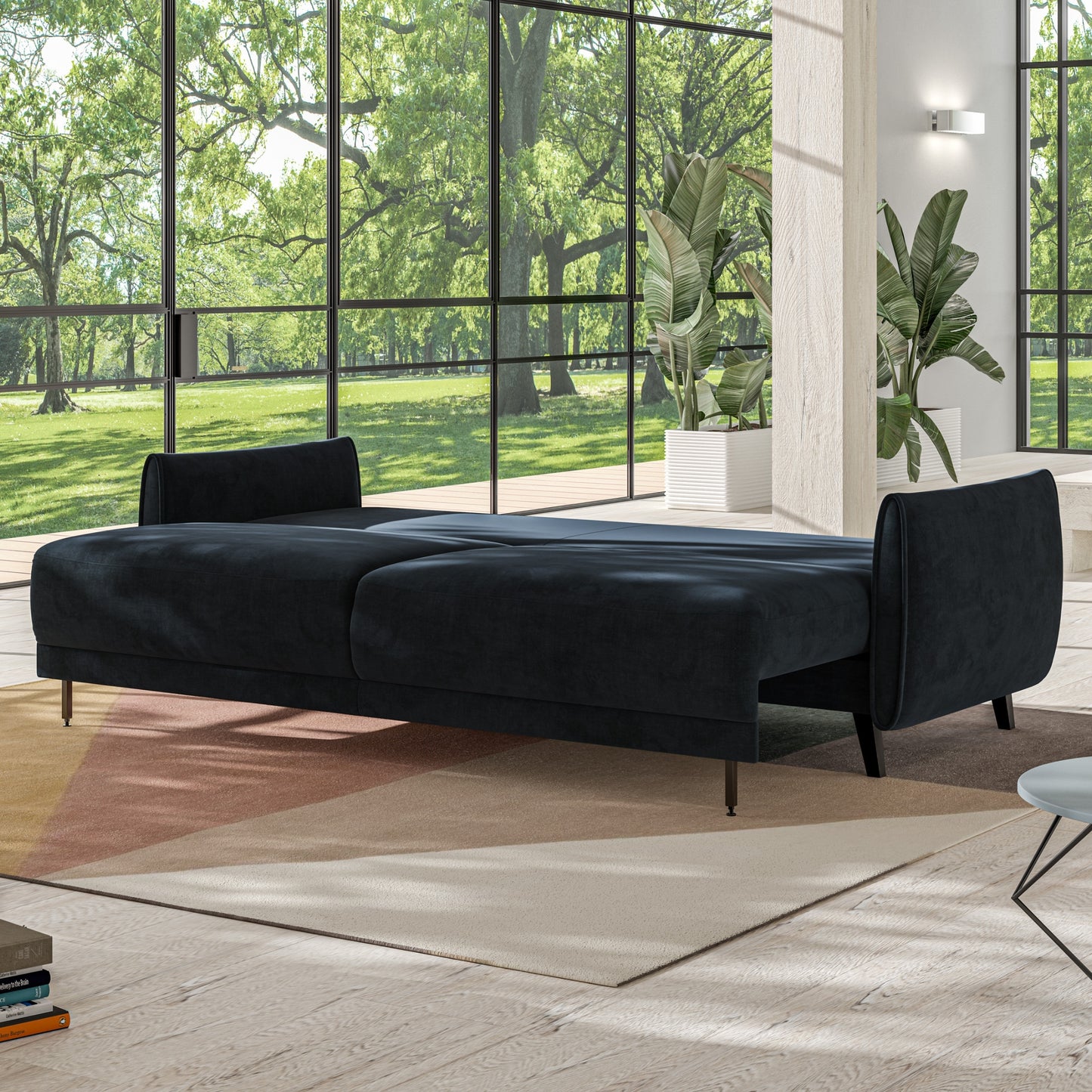 Luonto Dolphin Full XL Loveseat Sleeper Sofabed in Fabric Glamour 13 with Black Wood Feet and Easy Deluxe Mechanism