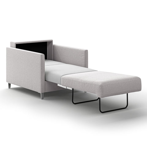 Luonto Elfin Cot Sofa Bed in Fabric Rene 01 with Chrome Foot and Nest Mechanism Side Open View