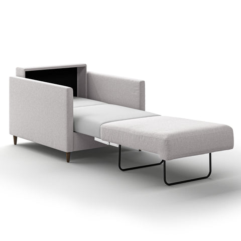 Luonto Elfin Cot Sofa Bed in Fabric Rene 01 with Wood Foot and Nest Mechanism Side Open View