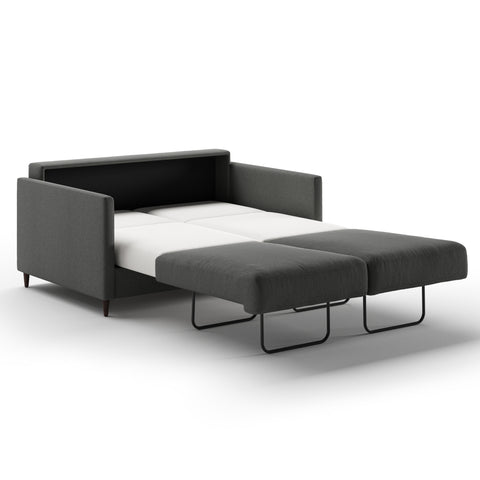 Luonto Elfin Full XL Sofa Bed in Fabric Luna 35 with Wood Foot and Nest Mechanism Side Open View