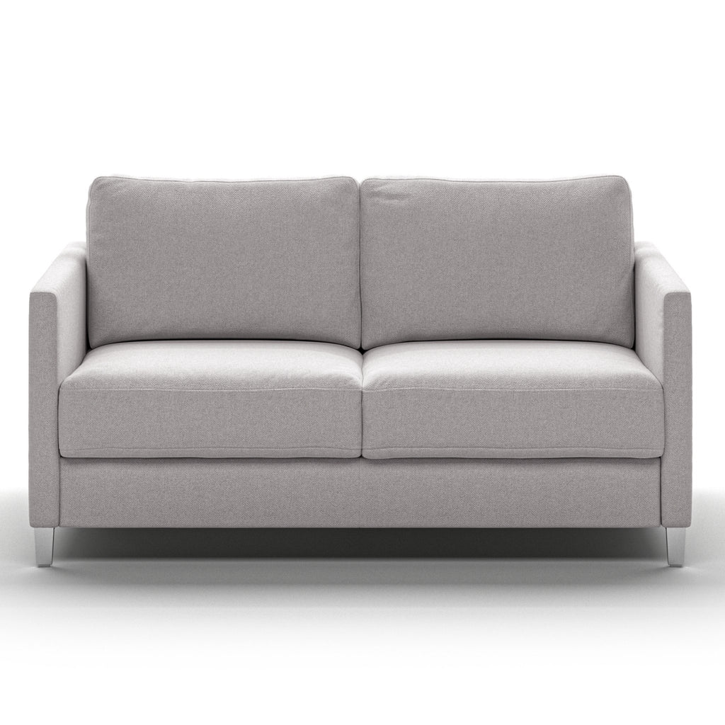 Luonto Elfin Full XL Sofa Bed in Fabric Rene 01 with Chrome Foot and Nest Mechanism Front Closed View