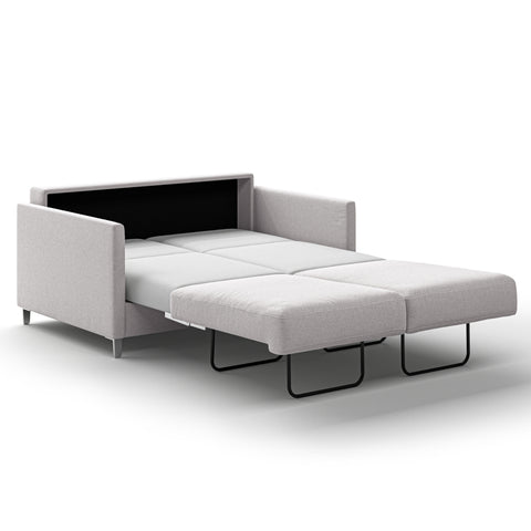 Luonto Elfin Full XL Sofa Bed in Fabric Rene 01 with Chrome Foot and Nest Mechanism Side Open View