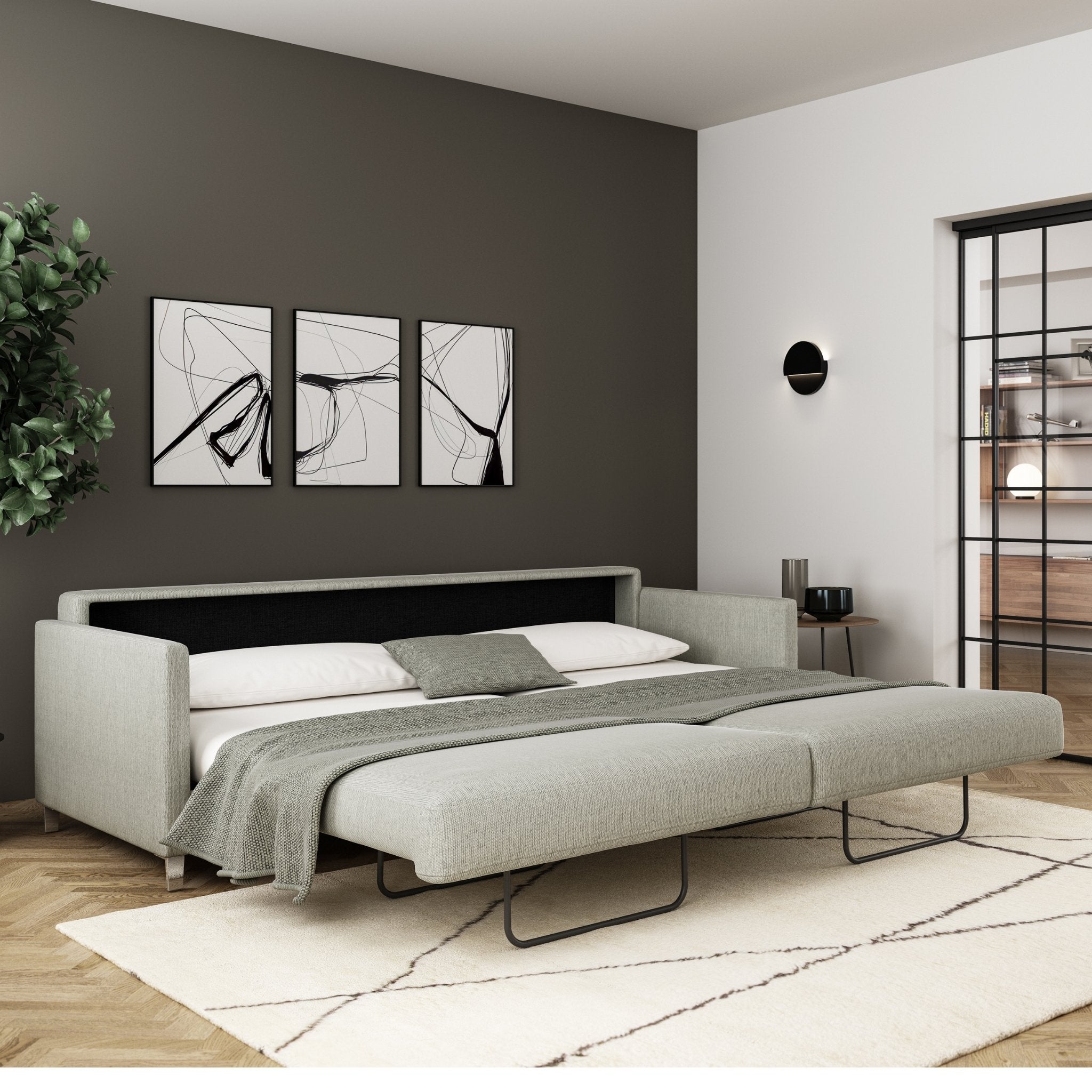 Luonto Elfin King Sofa Bed in Fabric Rene 01 with Chrome Foot and Nest Mechanism Side Open Room View