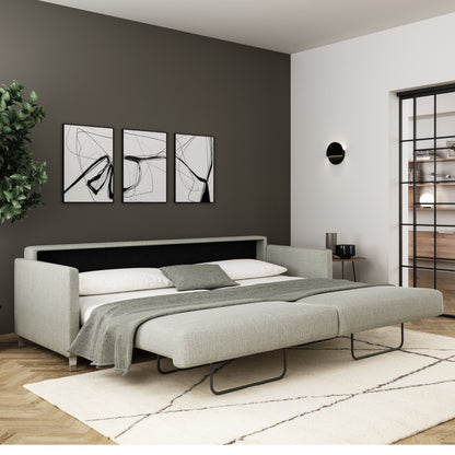 Luonto Elfin King Sofa Bed in Fabric Rene 01 with Chrome Foot and Nest Mechanism Side Open Room View