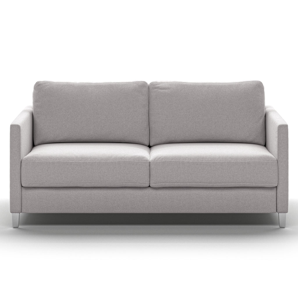 Luonto Elfin Queen Sofa Bed in Fabric Rene 01 with Chrome Foot and Nest Mechanism Front Closed View