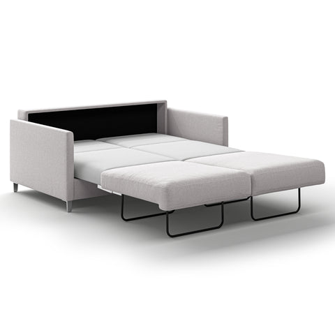 Luonto Elfin Queen Sofa Bed in Fabric Rene 01 with Chrome Foot and Nest Mechanism Side Open View