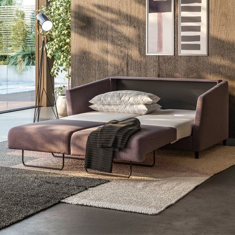 Luonto Erika Full XL Sofabed in Fabric Luna 29 with Wood Foot and Nest Mechanism in Room Open View