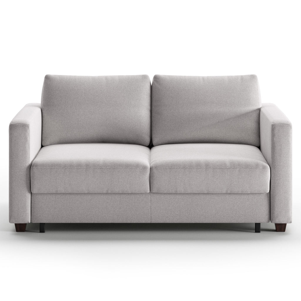 Luonto Fantasy Full XL Sofabed in Fabric Rene 01 with Wood Foot and Level Mechanism in Front Closed View