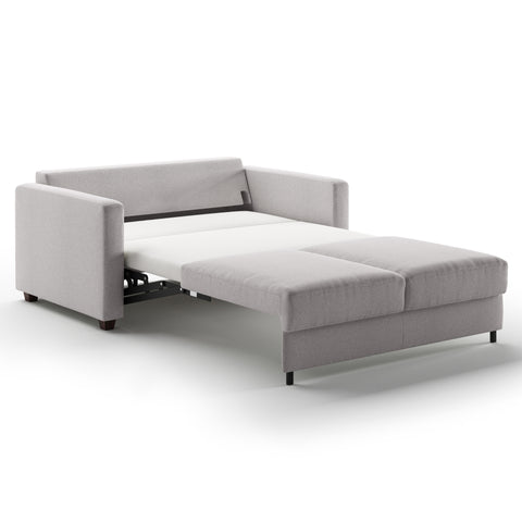 Luonto Fantasy Full XL Sofabed in Fabric Rene 01 with Wood Foot and Level Mechanism in Side Open View