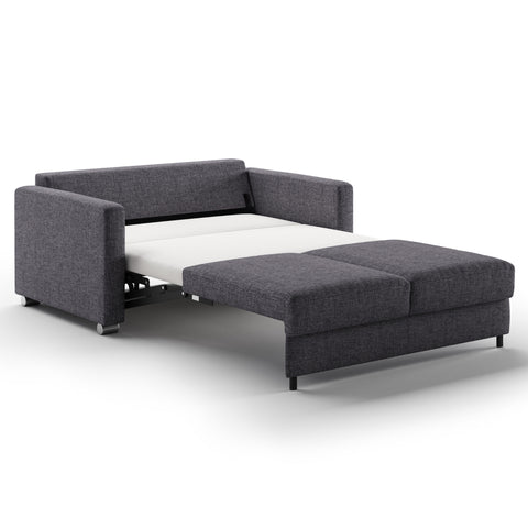 Luonto Fantasy Full XL Sofabed in Fabric Rene 04 with Chrome Foot and Level Mechanism in Side Open View