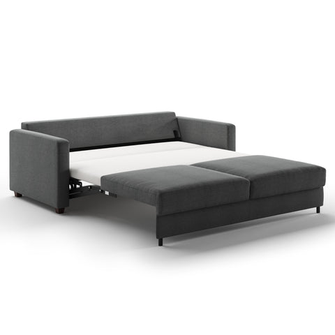 Luonto Fantasy King Sofabed in Fabric Fun 481 with wood Foot and Level Mechanism in side open View