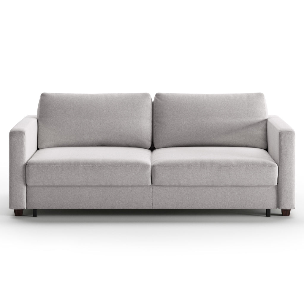 Luonto Fantasy Queen Sofabed in Fabric Rene 01 with wood Foot and Level Mechanism in Front Closed View