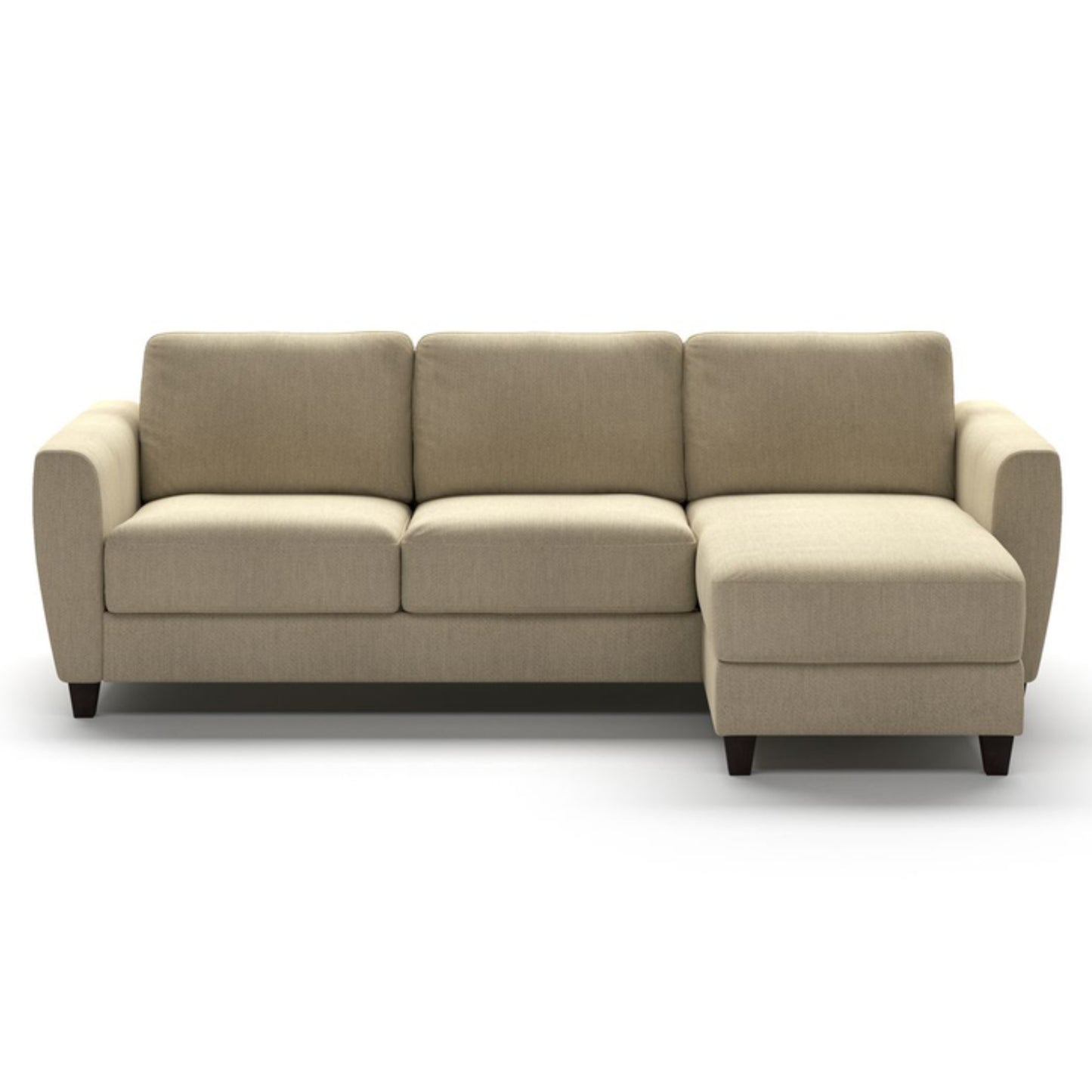 Luonto Harper Full XL Sofabed Reversible Chaise Sectional in Fabric Atlantic 03 with Walnut Feet and a Nest Mechanism