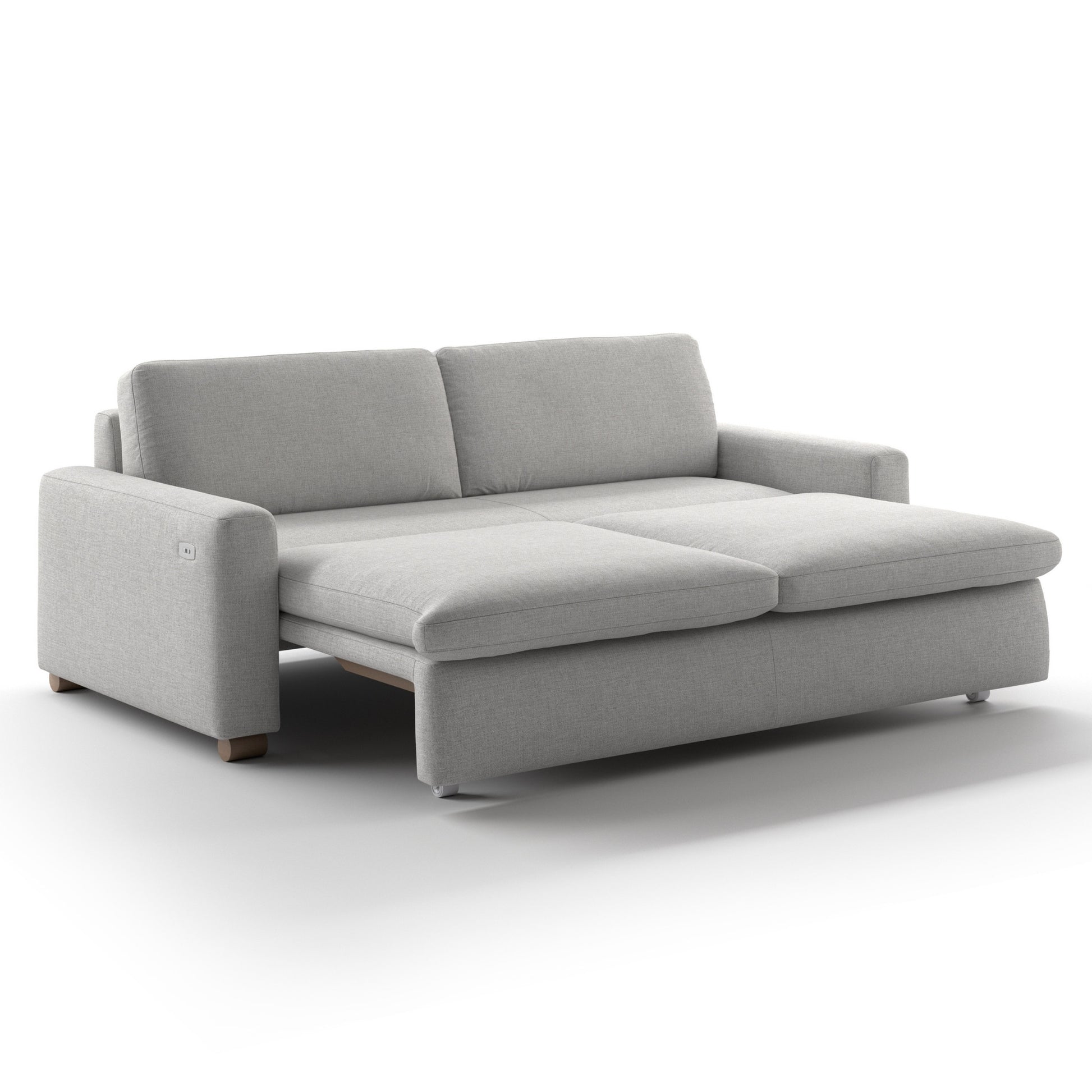 Luonto Kai Full Sofa Bed in Fabric Oasis 15 with Walnut Wooden Feet and Slide Function Mechanism Side Open View