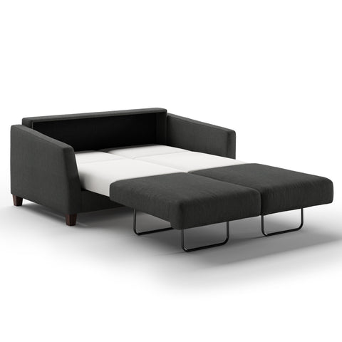 Luonto Monika Full XL Sofabed in Fabric Loule 630 with Wood Foot and Nest Mechanism in Side Open View