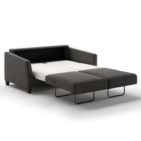 Luonto Monika FUll XL Sofabed in Fabric Oliver 515 with Wood Foot and Nest Mechanism in Side Open View