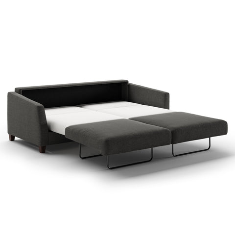 Luonto Monika King Sofabed in Fabric Oliver 515 with Wood Foot and Nest Mechanism in Side Open View