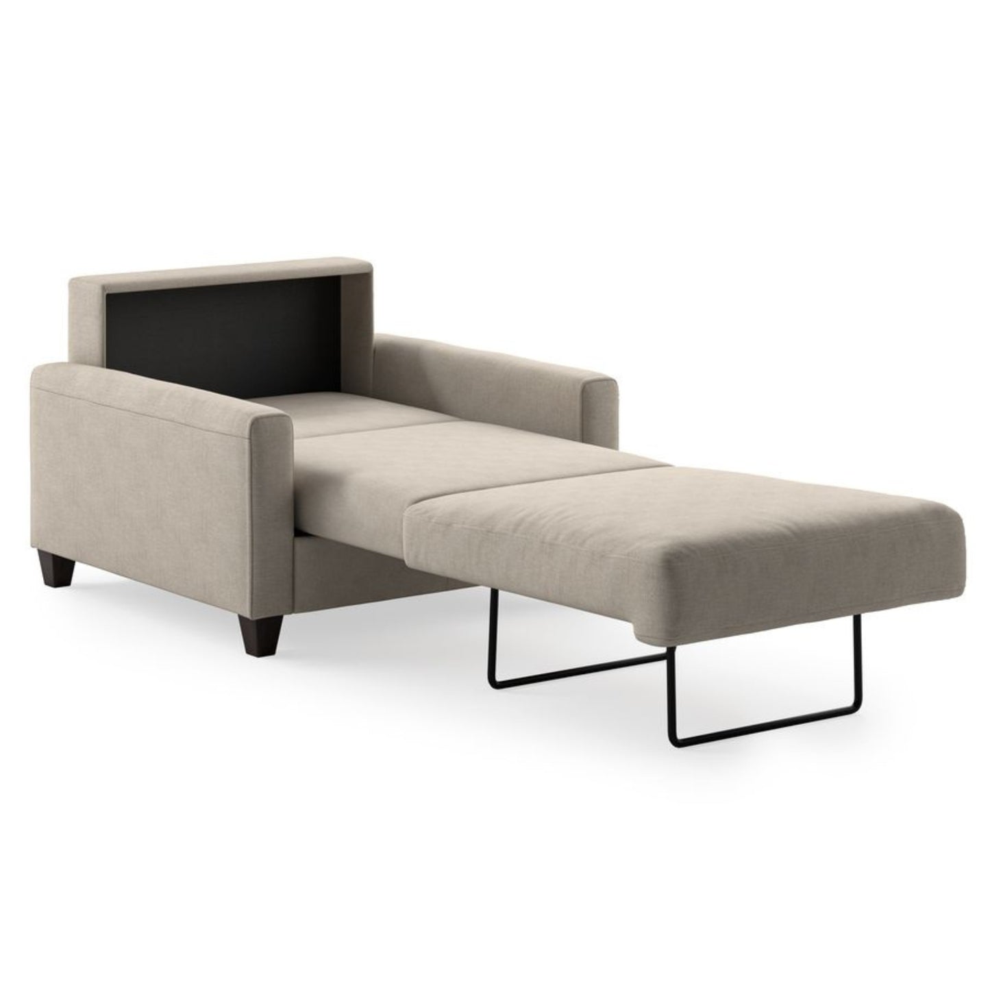 Luonto Nico Cot Sofa Bed in Fabric Cloud 09 with Wood Feet and Nest Mechanism in Side Open View