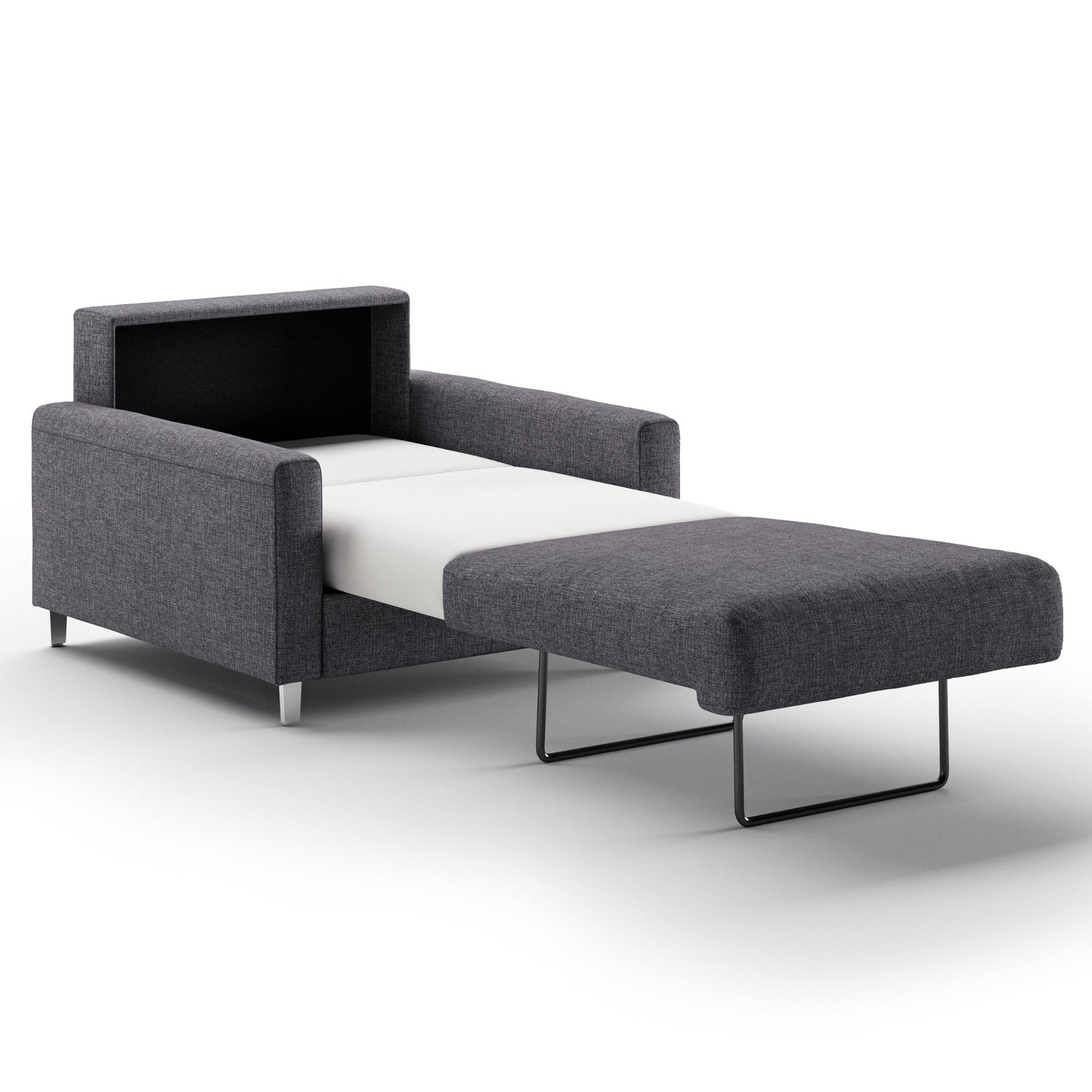 Luonto Nico Cot Sofa Bed in Fabric Rene 04 with Chrome Feet and Nest Mechanism in Side Open View