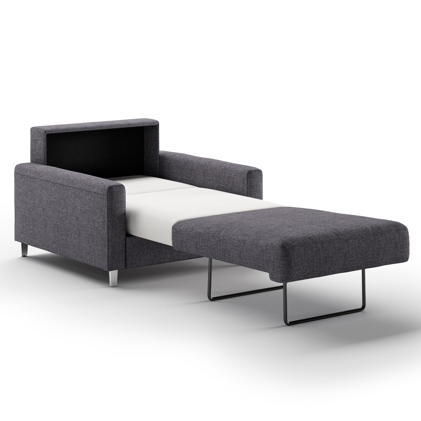 Luonto Nico Cot Sofa Bed in Fabric Rene 04 with Chrome Feet and Nest Mechanism in Side Open View