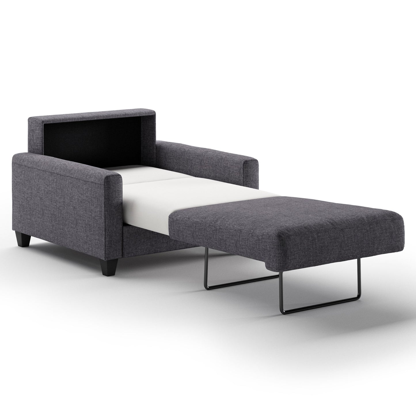 Luonto Nico Cot Sofa Bed in Fabric Rene 04 with Wood Feet and Nest Mechanism in Side Open View